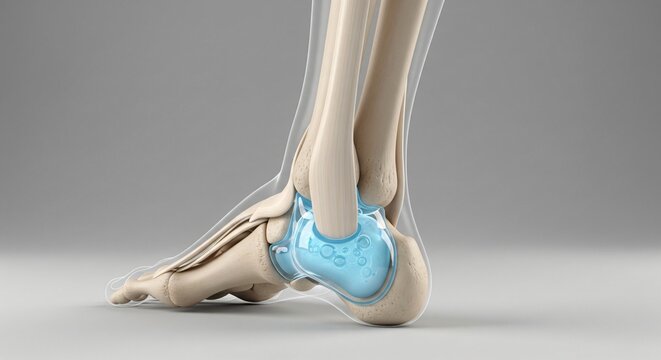 Anatomical illustration of the human foot and ankle bones with synovial fluid
