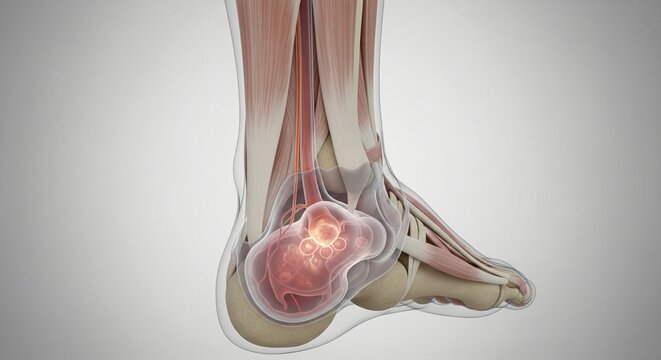 Medical illustration of a calcified heel spur with surrounding soft tissue and tendons