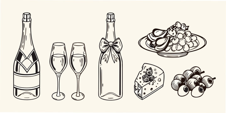 sketch of champagne bottles flutes cheese fruit and grapes