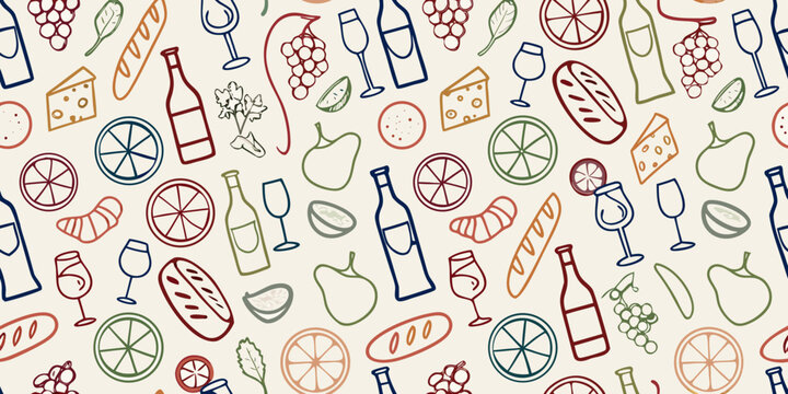 French bistro food pattern seamless illustration with wine cheese and bread