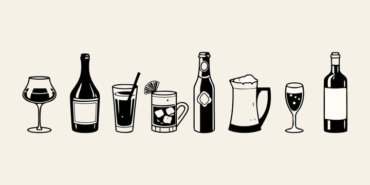 Hand drawn alcoholic beverages collection black sketch on beige