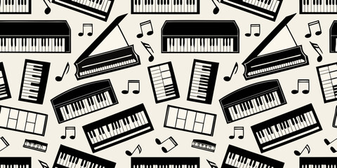 Seamless pattern of pianos and musical notes on a beige background © AnupKumar