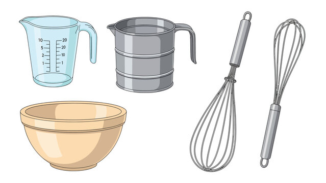 Collection of essential kitchen baking tools including measuring jug, flour sifter, mixing bowl, and whisks on a white background.