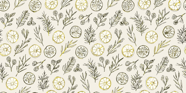 Seamless pattern of herbs and citrus fruit slices botanical illustration