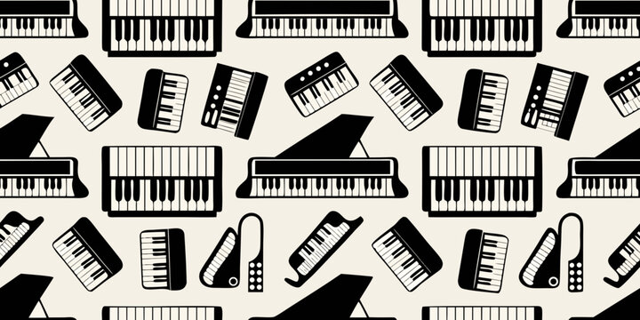 seamless pattern of black and white accordions and piano keys