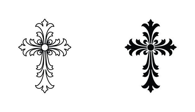 Elegant ornate Christian cross religious symbol with intricate decorative scrollwork simple icon