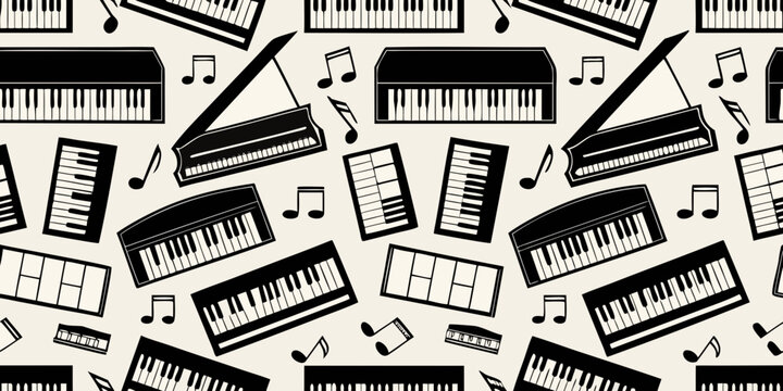 Seamless pattern of pianos and musical notes on a beige background