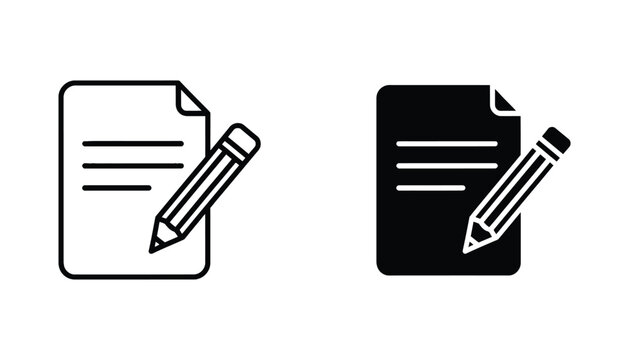 Document file icon with pencil for editing and writing tasks in outline and solid black vector graphic style for text editors