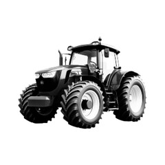 Naklejka premium Black and white halftone illustration of modern agricultural tractor with large tires, isolated on white background, detailed farming machinery in retro print style.