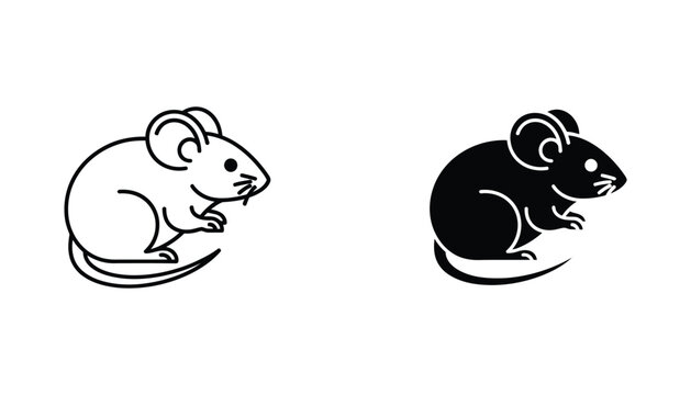 Cute small mouse rodent icon set featuring line art and solid black silhouette for pest control and biology educational materials
