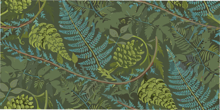Botanical illustration of ferns pinecones and branches painterly style