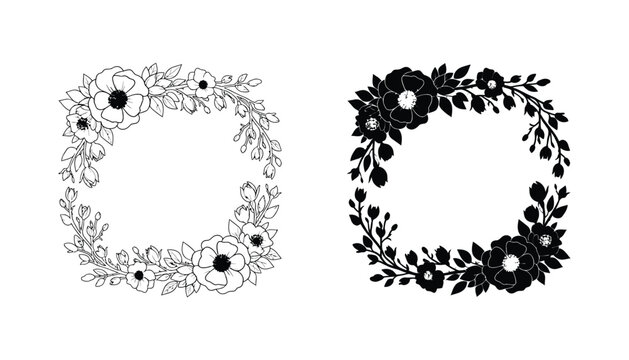 Elegant floral wreath composed of anemone flowers and leaves in outline and solid forms