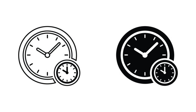 Clock icon with smaller clock inset showing time management concept in outline and solid