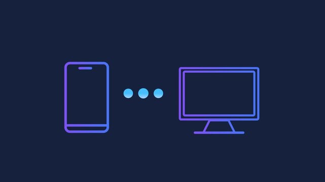 Animated motion graphics showing a smartphone icon connecting to a computer monitor via pulsing loading dots. Concept of screen mirroring, data synchronization, and device pairing on dark blue.