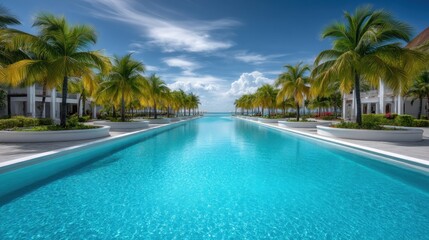 Fototapeta premium Serene Tropical Resort with Crystal Clear Pool Surrounded by Lush Palm Trees and Stunning Blue Sky for Relaxation and Vacation Getaway
