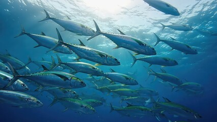 Obraz premium School of silver fish swimming in clear tropical ocean water under bright sunlight, depicting vibrant marine life and oceanic biodiversity