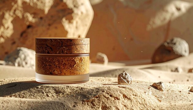 Natural skincare product on sandy terrain.