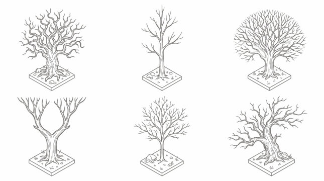 Six isometric line art illustrations of bare, leafless trees with intricate branch structures on square bases, depicting various tree shapes.