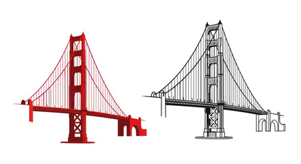 Fototapeta premium Golden Gate Bridge: Color Illustration vs. Black and White Sketch