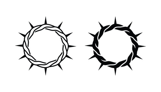 Crown of thorns icon set in linear and solid black style for religious and symbolic design projects