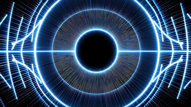 Light streams create patterns in dark space with a bright circle at the center