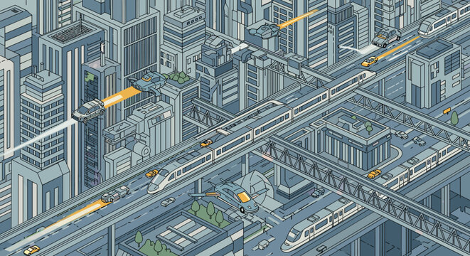 Isometric view of a futuristic city with advanced transportation systems including high-speed trains and monorails weaving through skyscrapers.