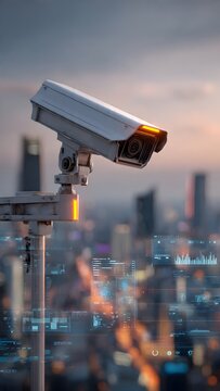 Robotic camera above metropolis, transparent tablet, security data, cyber overlays.