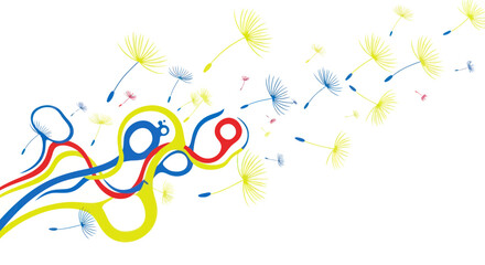 Fototapeta premium Abstract flowing lines and dandelion seeds blowing in the wind, vibrant colors, white background