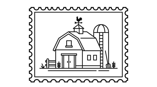Black and white line art illustration of a classic barn with a weathervane and a silo, framed like a postage stamp, depicting a rural farm scene.