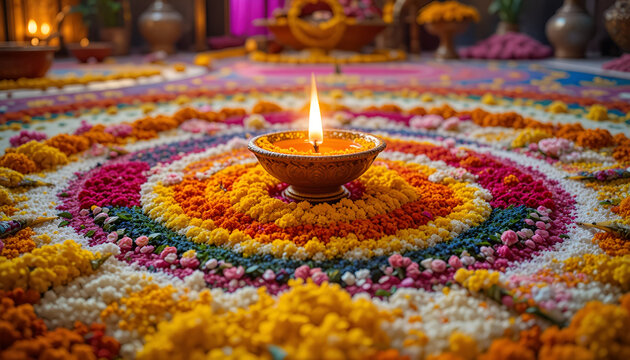 Colorful Rangoli Design with Diya Lamp &ndash; Indian Festival Diwali Decoration