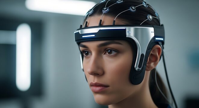 Woman wearing futuristic brain computer interface.
