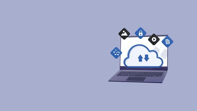 Animated laptop surrounded by cloud storage and file type icons, with copy space for text. Representing cloud computing, digital storage, file management, and online data synchronization concept.