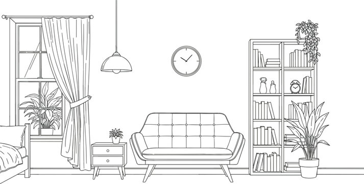 Modern living room interior line art vector illustration featuring a tufted sofa large bookshelf window with curtains and indoor plants for home decor concepts.