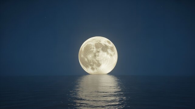 full moon rising over calm ocean water at night