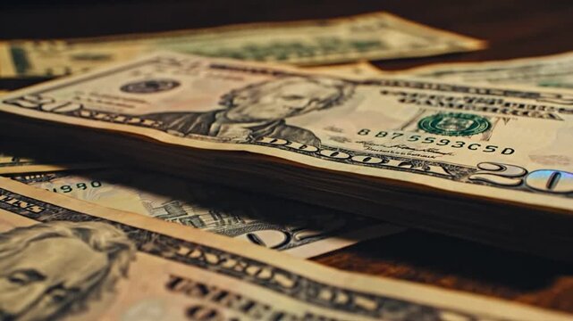 Close-up of twenty dollar bills and stack of money