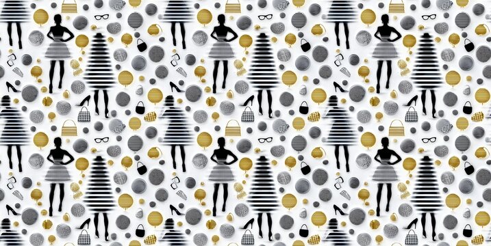 Seamless pattern of elegant silhouettes, handbags, and chic accessories in a stylish Parisian design.