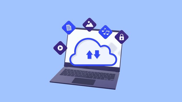 Animated laptop with cloud storage icons showing file types stored in cloud computing. Concept of data backup, file sharing, online storage, and digital information management.