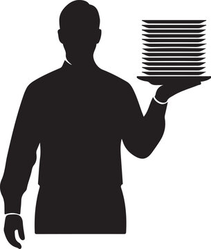 Black silhouette man holding stack of plates