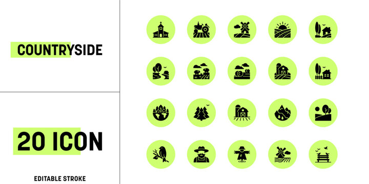 20 Countryside and Farming Village Icon Set - Black Silhouette Style on Green Circles