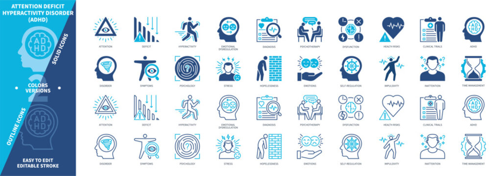 Attention Deficit Hyperactivity Disorder (ADHD) icon set. Time Management, Psychotherapy, Impulsivity, Stress, Self Regulation, Inattention. Duotone color solid and editable outline icons