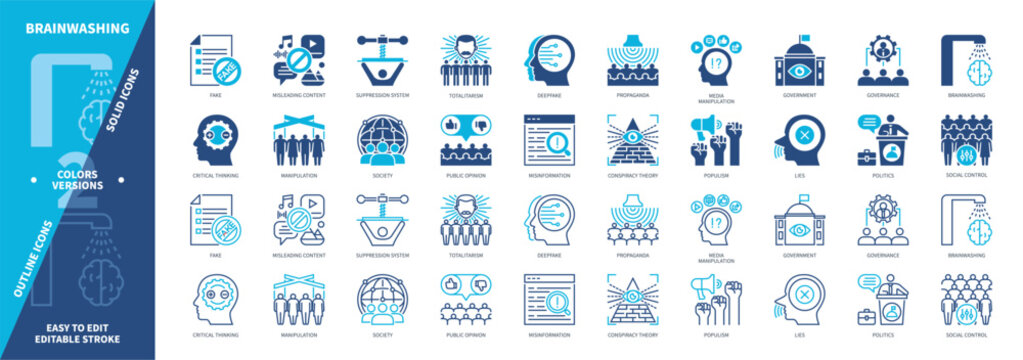 Brainwashing icon set. Deepfake, Social Control, Governance, Propaganda, Public Opinion, Politics, Fake, Lies. Duotone color solid and editable outline icons