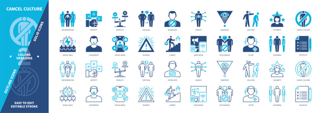Cancel Culture icon set. Shunning, Social Media, Assault, Ostracized, Public Opinion, Criticism, Victim, Morality. Duotone color solid and editable outline icons