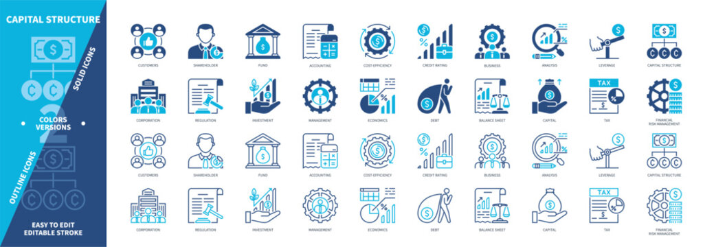 Capital Structure icon set. Investment, Shareholder, Credit Rating, Debt, Regulation, Accounting, Fund, Balance Sheet. Duotone color solid and editable outline icons