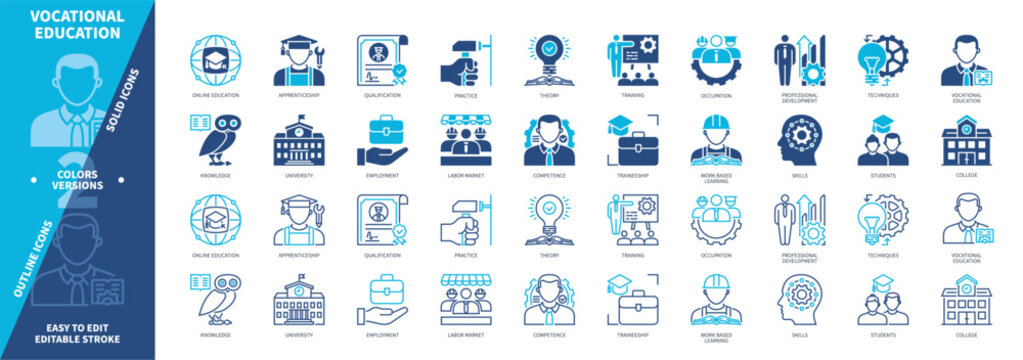 Vocational Education icon set. Apprenticeship, Skills, Training, Theory, University, Competence, Qualification, Practice. Duotone color solid and editable outline icons
