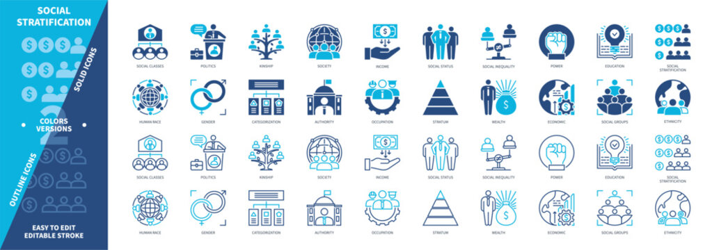 Social Stratification icon set. Gender, Human Race, Wealth, Power, Income, Kinship, Social Inequality, Stratum. Duotone color solid and editable outline icons