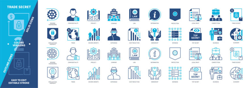 Trade Secret icon set. Competition, Database, Project, Ownership, Espionage, Confidentiality, Business, Company. Duotone color solid and editable outline icons