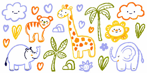 whimsical safari animal doodles on a white background © AnupKumar
