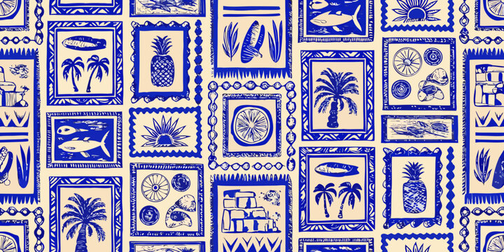 tropical pattern with palm trees pineapples and fish in blue monochrome