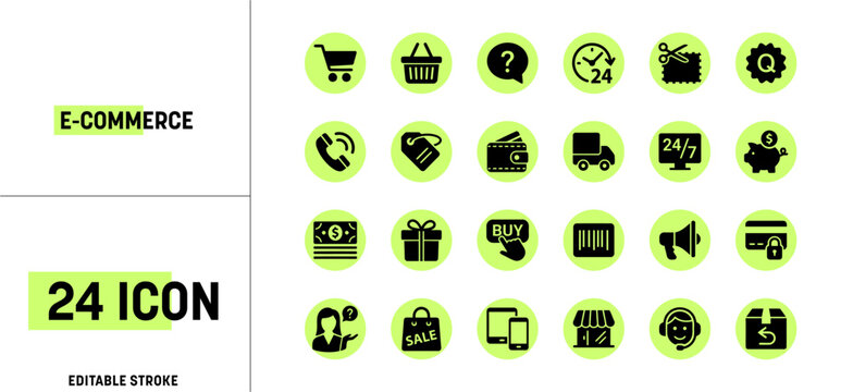 24 E-Commerce and Online Shopping Icon Set - Black Silhouette Style on Green Circles
