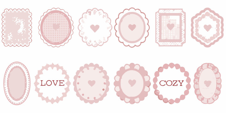 Set of pink lace doily style vector illustrations with heart motifs